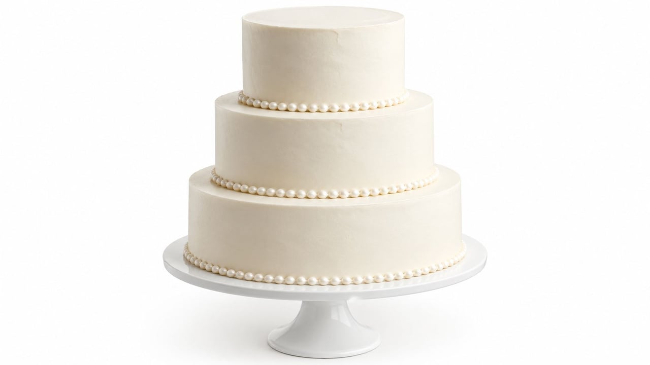 A elegant three-tiered white wedding cake decorated with a delicate border of edible white sugar pearls.