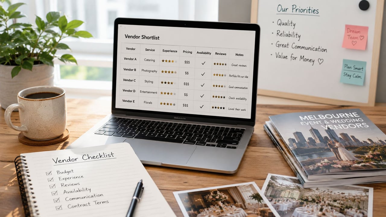 A wedding vendor planning checklist displayed on a laptop screen and notebook on a wooden desk.