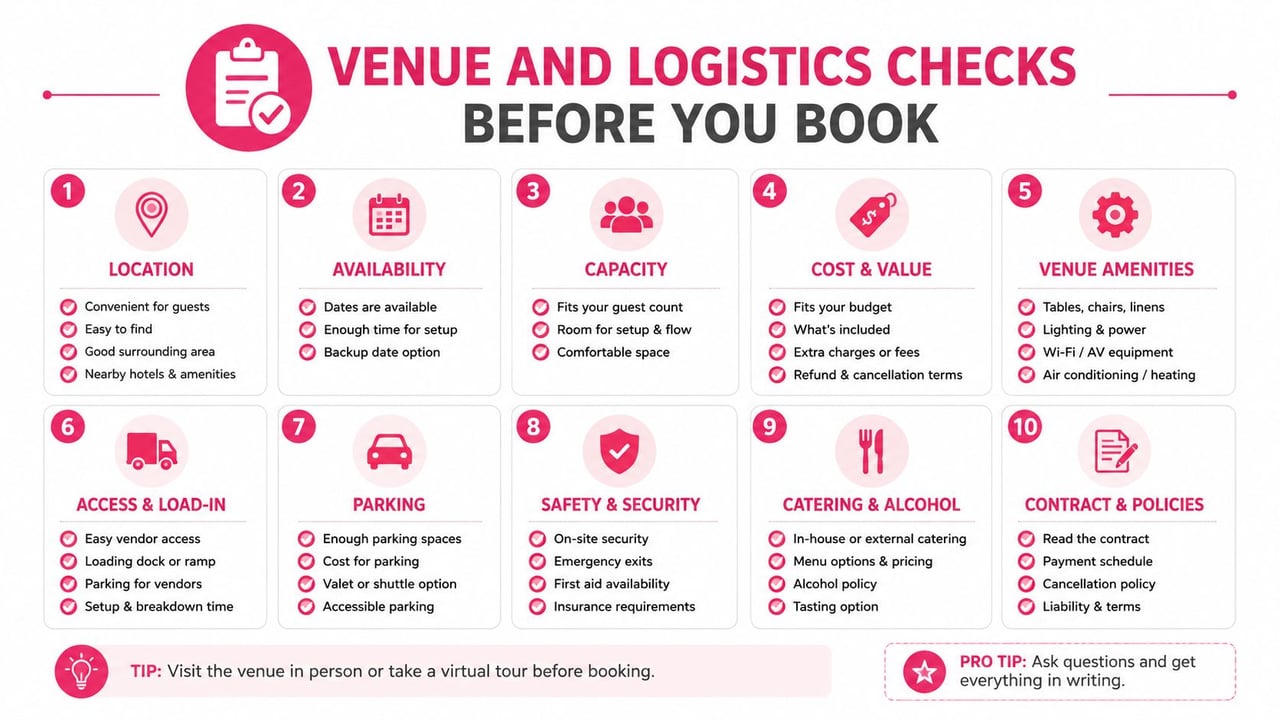 A checklist infographic titled Venue and Logistics Checks Before You Book, featuring ten essential planning categories.