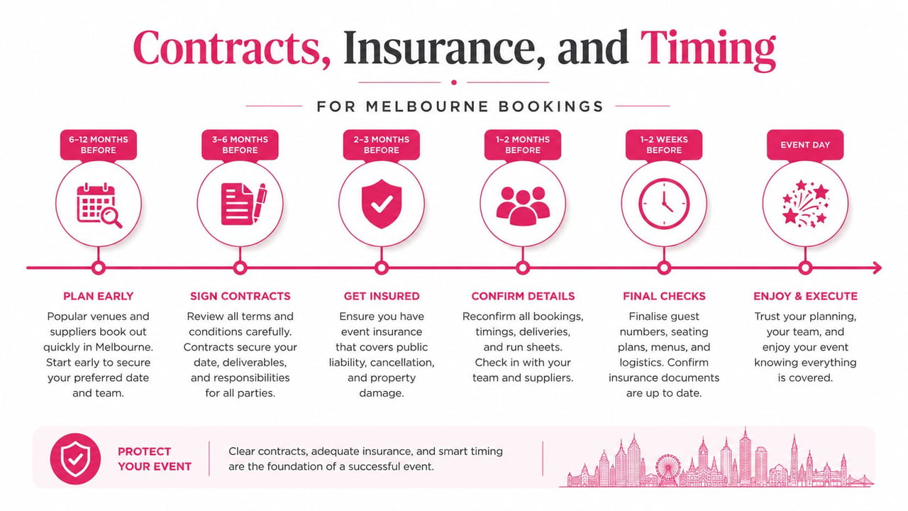 A timeline graphic illustrating essential planning steps for events, including contracts, insurance, and booking timing in Melbourne.
