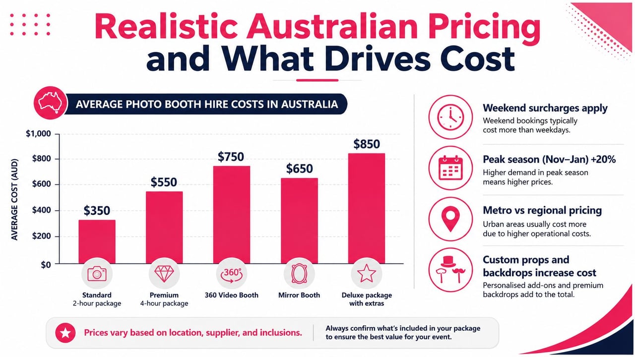 A chart showing average costs for various photo booth hire packages in Australia, listing price factors.