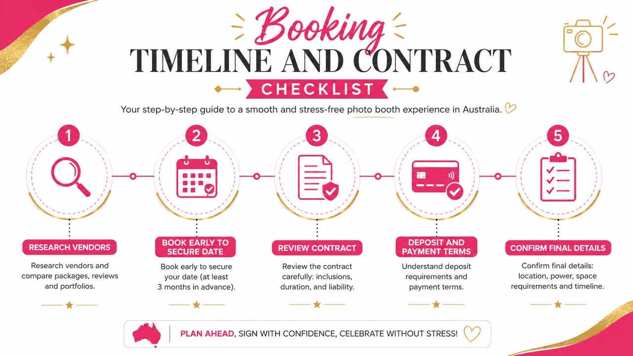 A five-step infographic showing a checklist for booking a photo booth hire for an event in Australia.
