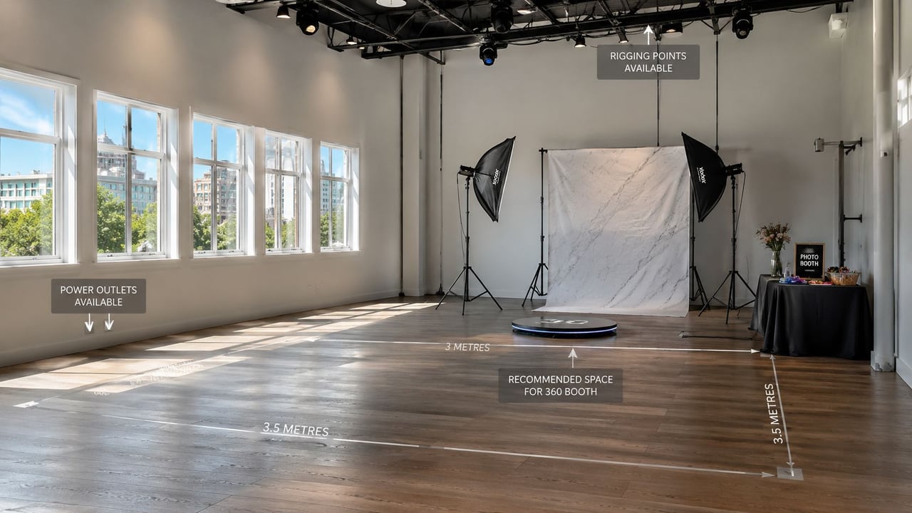 A spacious, sunlit studio featuring a professional 360 photo booth setup with lighting and a marble backdrop.