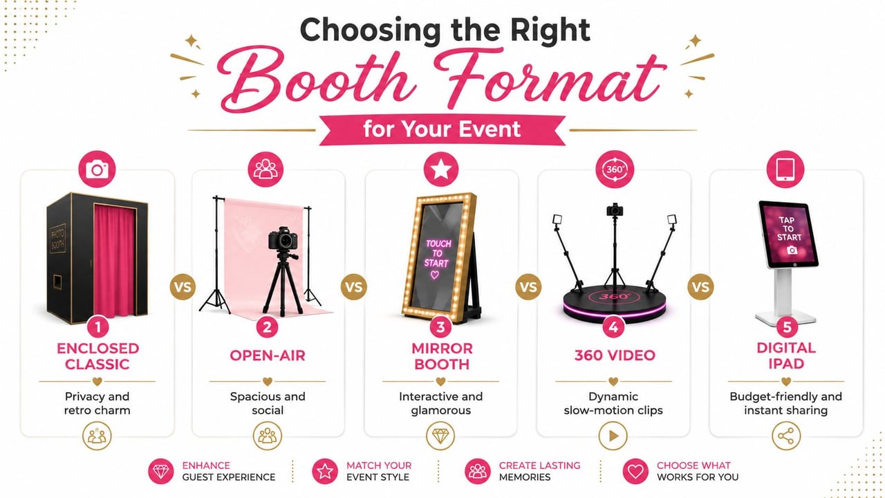 An infographic comparing five different photo booth formats available for event hire and guest entertainment.