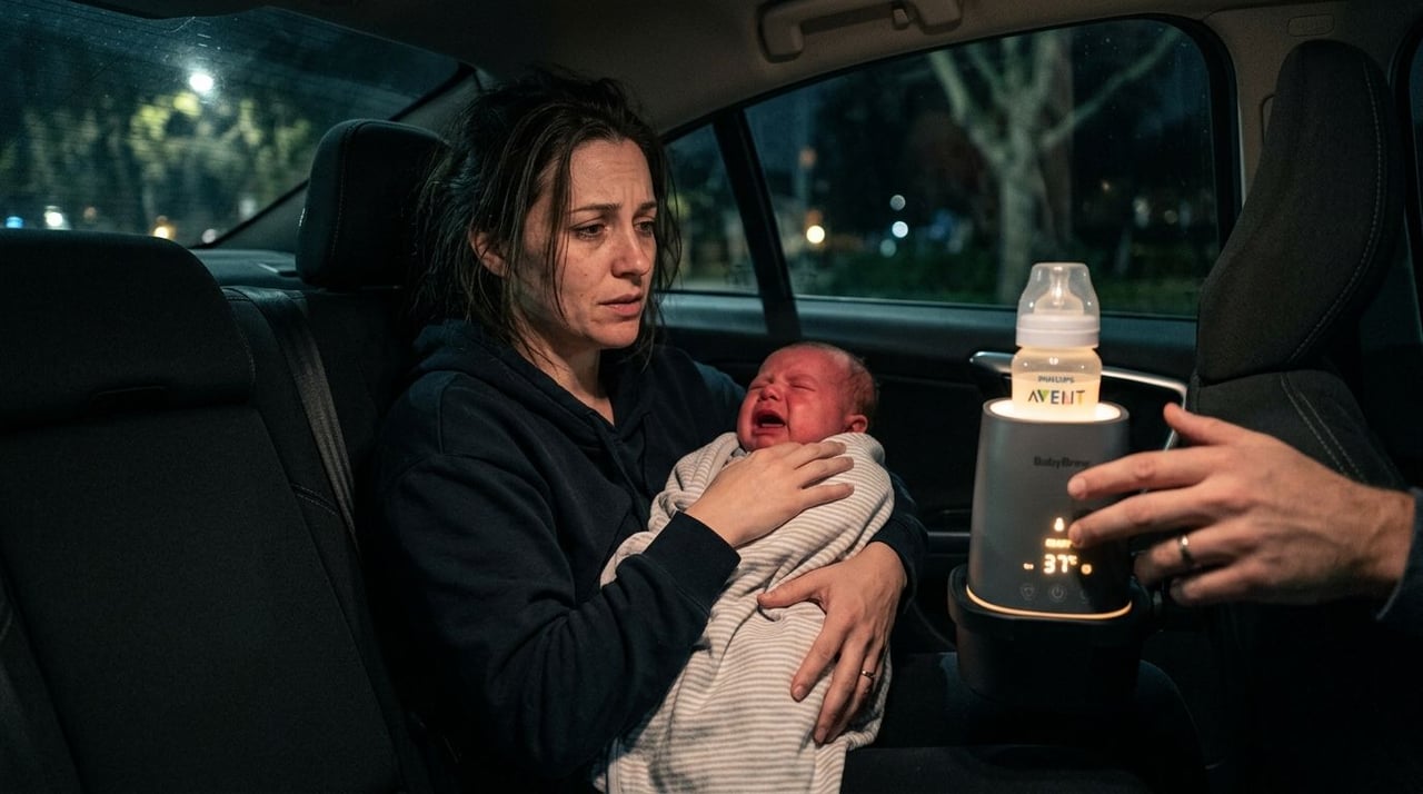A distressed woman holds a crying newborn baby in a car while using a portable bottle warmer.