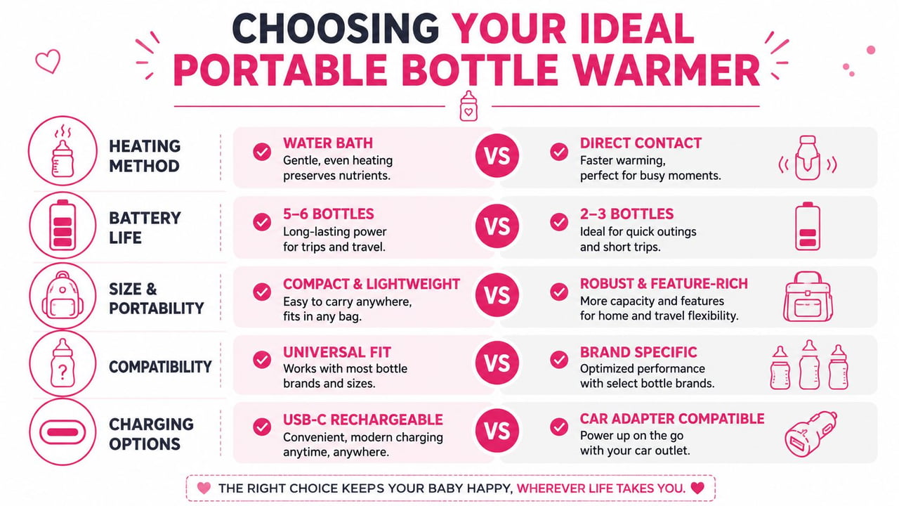 A comparison chart showing features to consider when choosing a portable baby bottle warmer for travel.