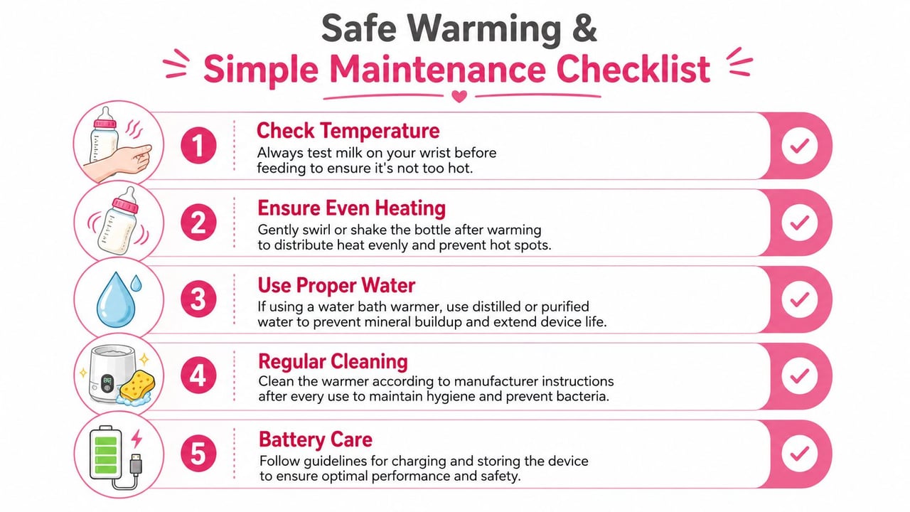 A five-step checklist illustrating safe warming and maintenance guidelines for using a portable baby bottle warmer.