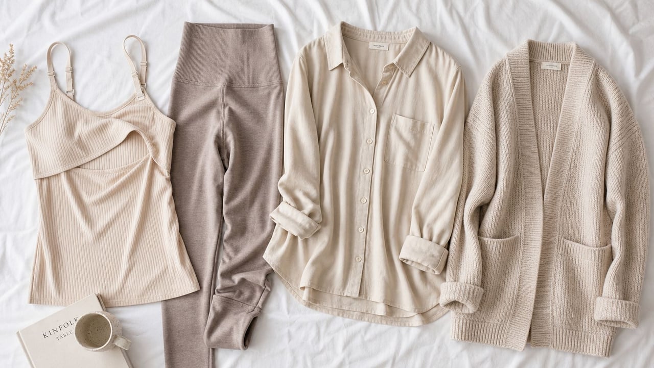 A flat lay of neutral-toned comfortable post birth clothes including a ribbed camisole, leggings, button-down shirt, and cardigan.