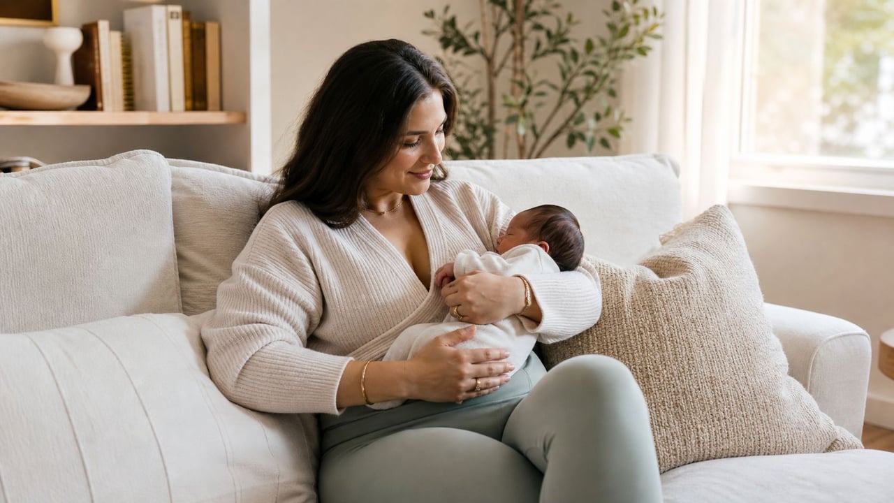 A loving mother wearing comfortable post birth clothes while cradling her newborn baby on a cozy sofa.