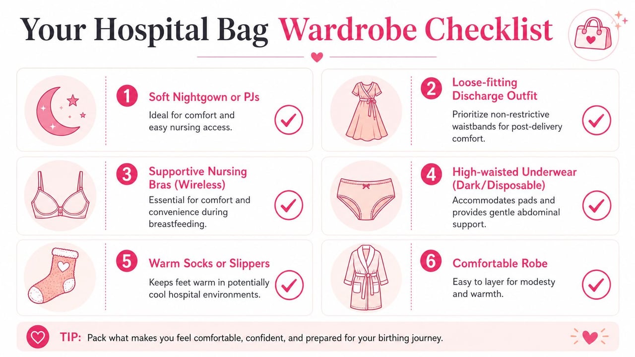A helpful hospital bag wardrobe checklist for pregnant women listing essential items to pack for delivery.