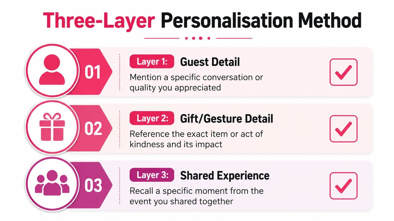 A visual guide explaining the three-layer personalization method for writing effective post-event thank you messages.