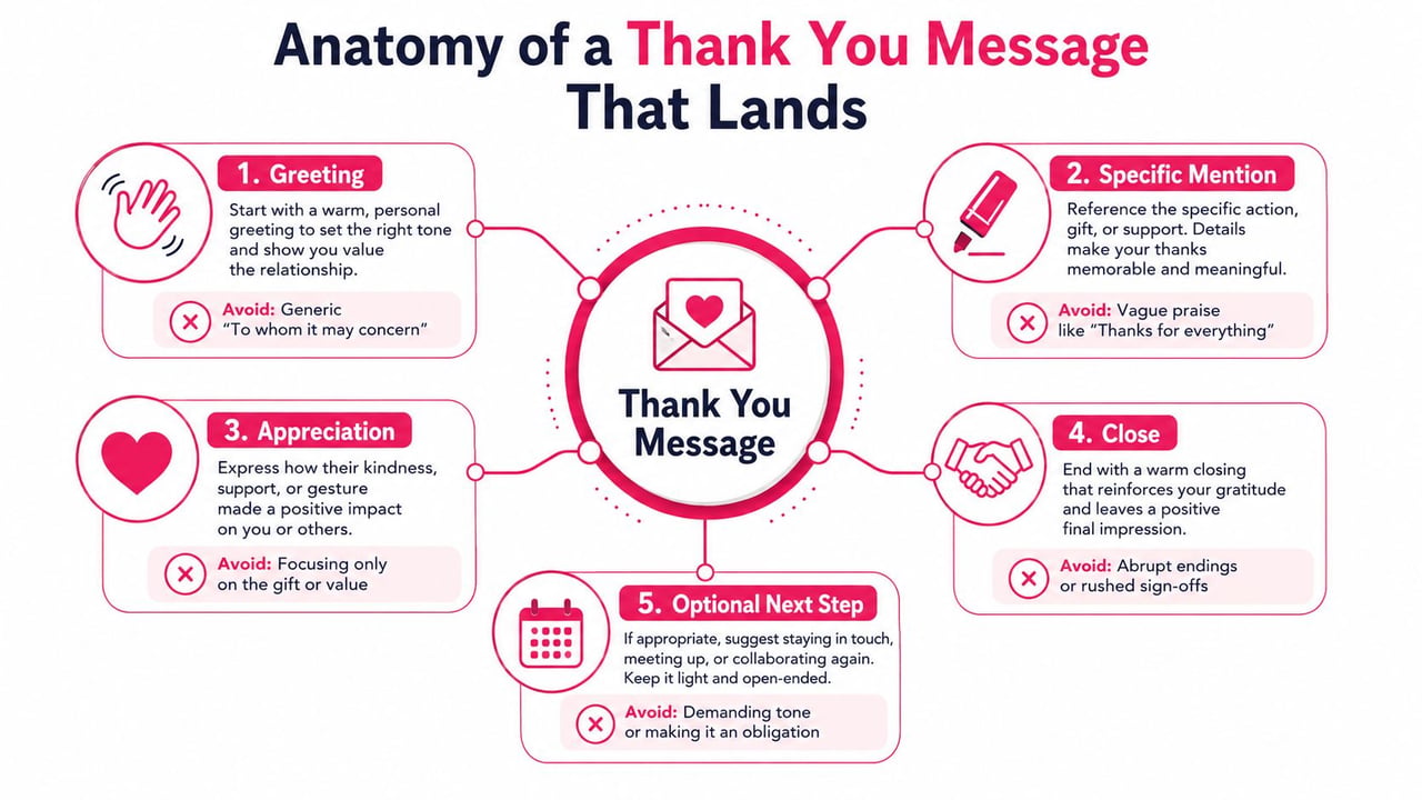 A diagram illustrating the five essential components for crafting a meaningful and effective thank you message.