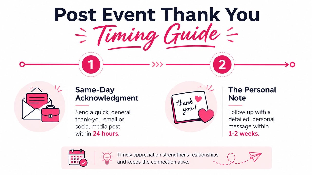 An infographic titled Post Event Thank You Timing Guide showing two steps for follow-up communications.
