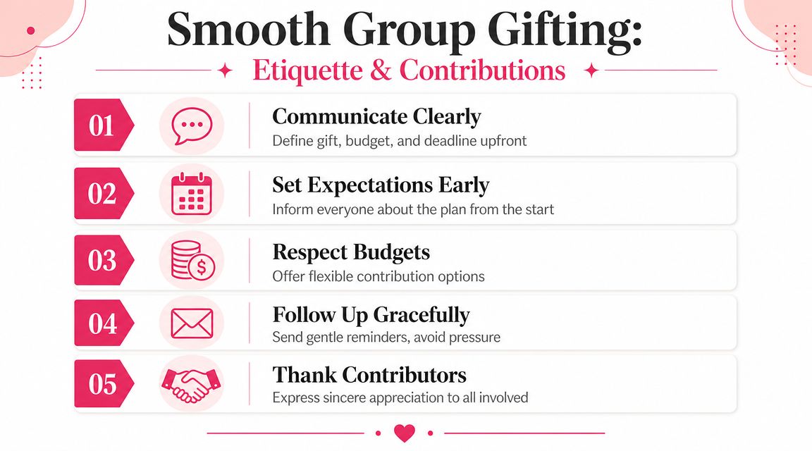 An infographic displaying five essential tips for organizing smooth group gifting, including communication and budgeting etiquette.