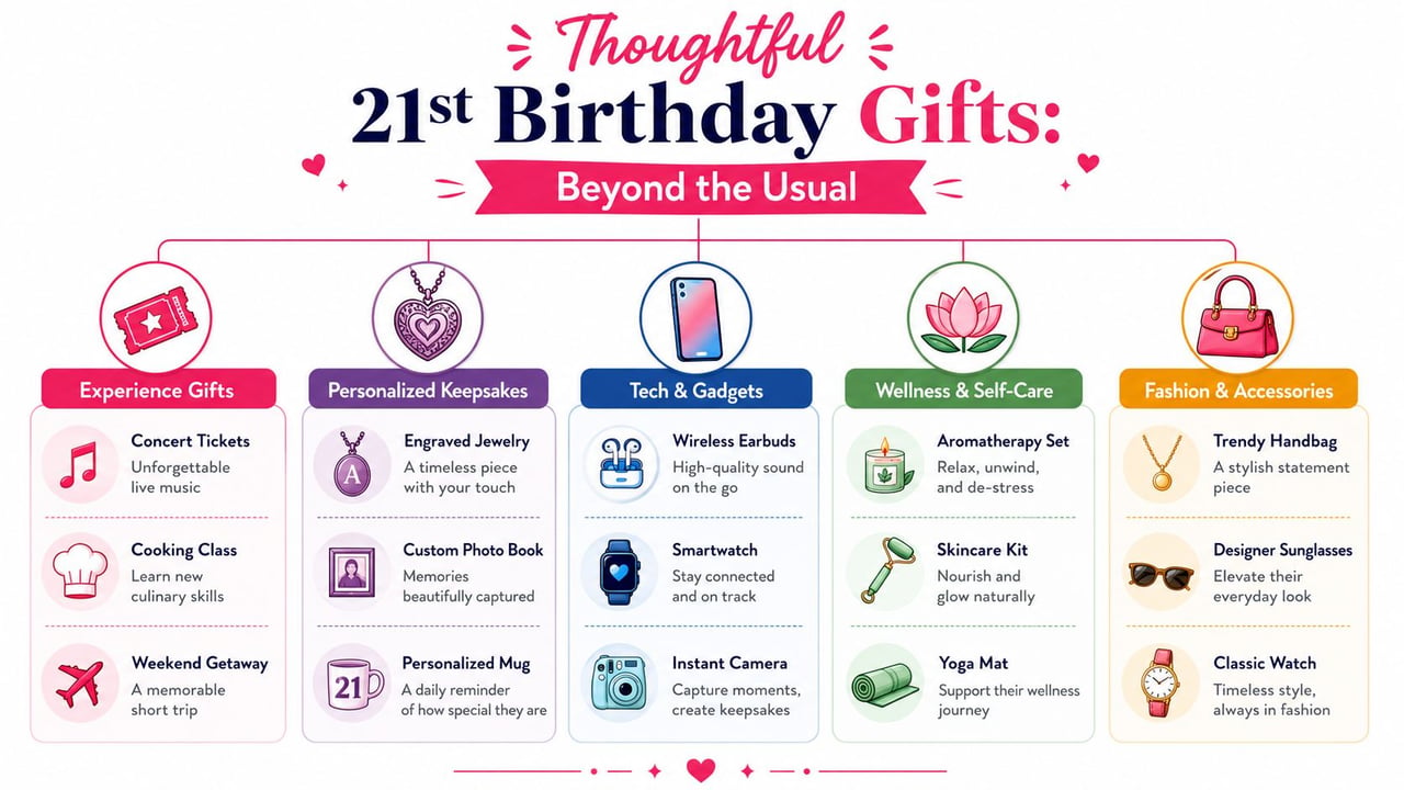 An infographic displaying thoughtful gift ideas for a 21st birthday, categorized by experience, jewelry, tech, and wellness.