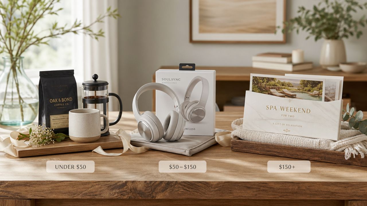 A wooden table featuring three curated gift sets displayed by price range including coffee, headphones, and spa vouchers.