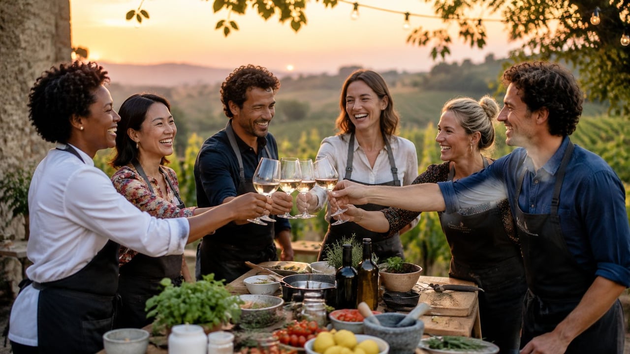 A diverse group of friends smiling and toasting with wine glasses at an outdoor winery sunset dinner.