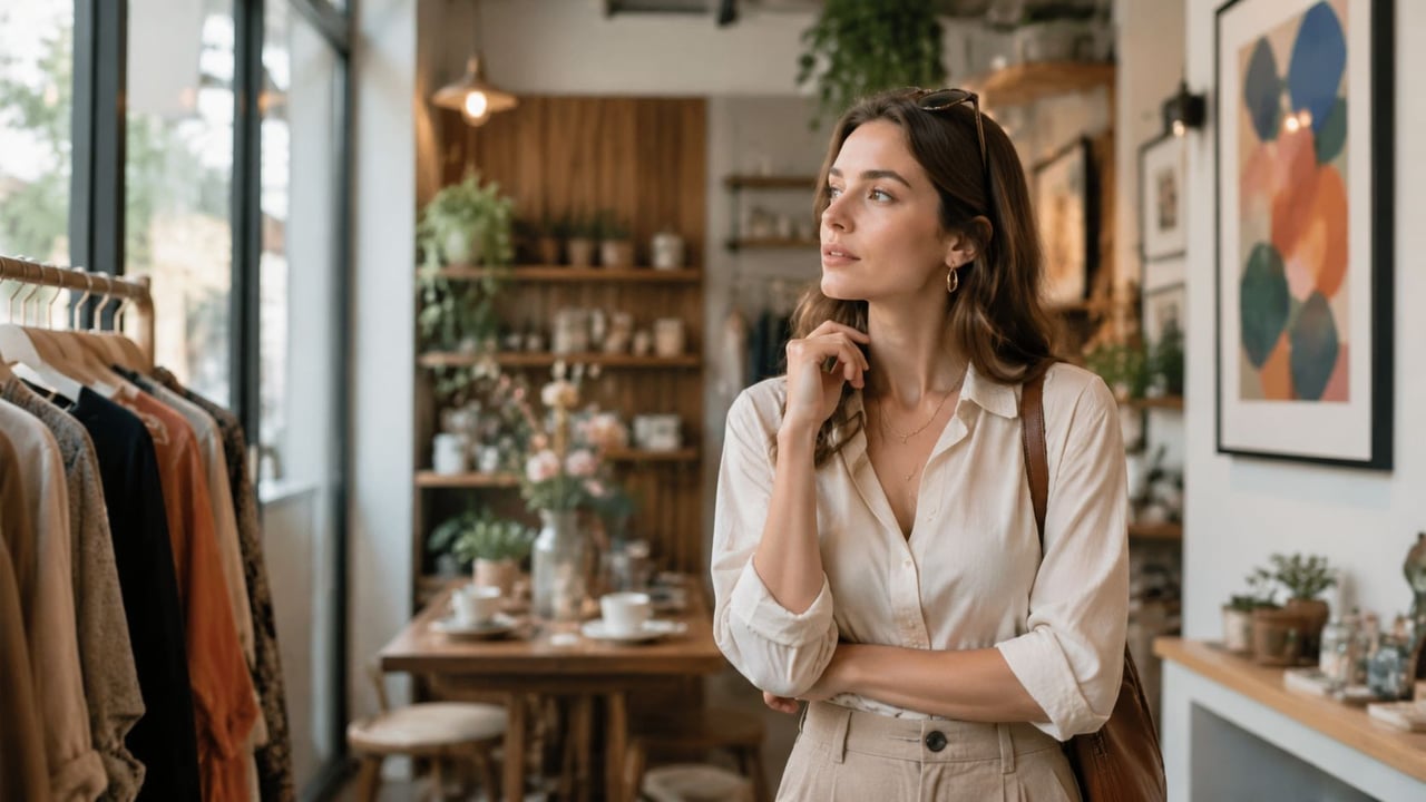 A stylish woman browsing clothing in a boutique, looking for the perfect 40th birthday gift.