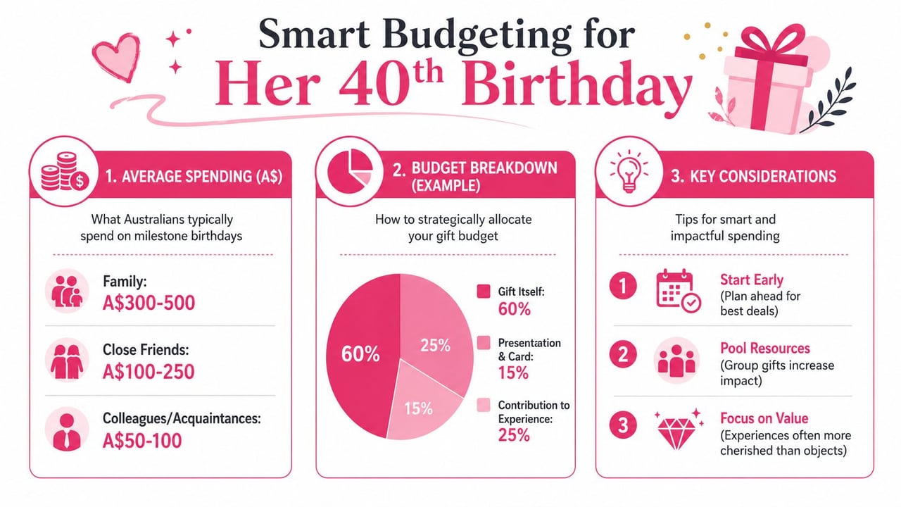 An infographic detailing smart budgeting tips and average spending amounts for a woman's 40th birthday gift.