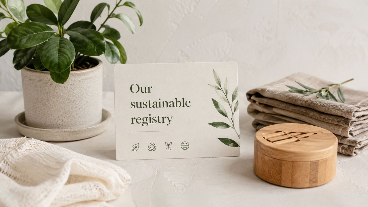 A sustainable registry invitation card placed on a table next to a green plant and folded linen.