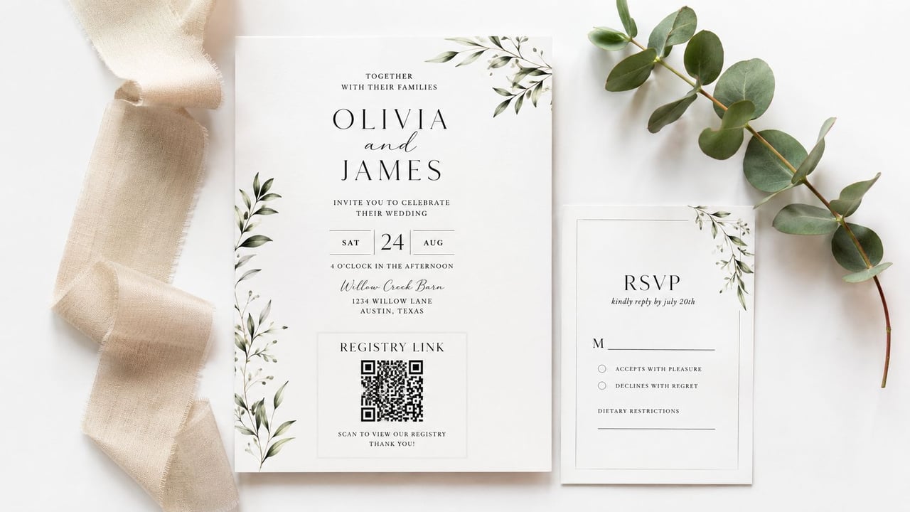 A wedding invitation set featuring floral greenery with a QR code registry link and RSVP card.