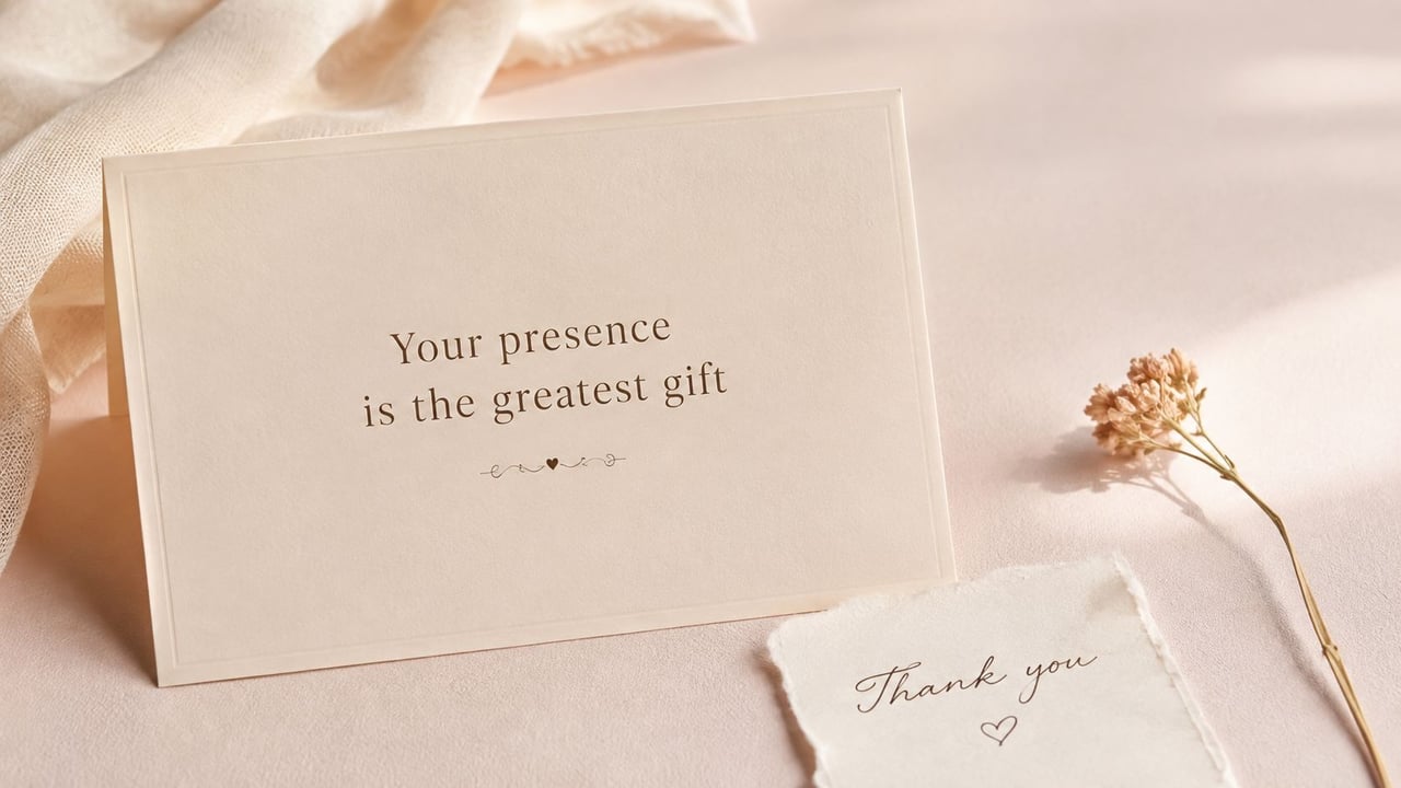 A minimalist wedding card with the text Your presence is the greatest gift beside a small dried flower.