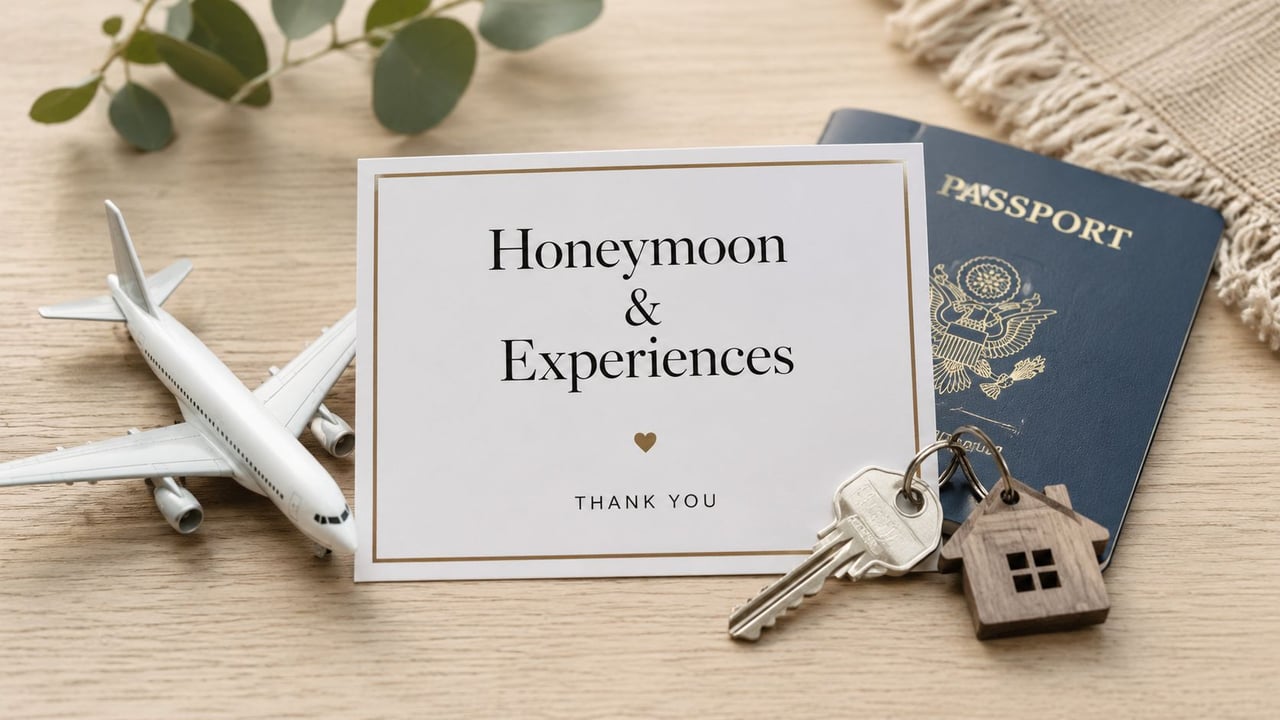 A honeymoon registry invitation card featuring an airplane, a passport, and house keys on a wooden table.