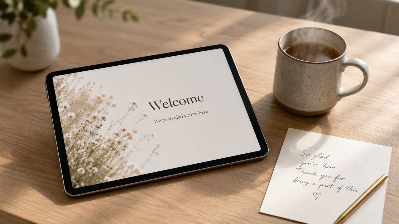 A tablet with a welcome message, a steaming mug of coffee, and a handwritten note on a desk.