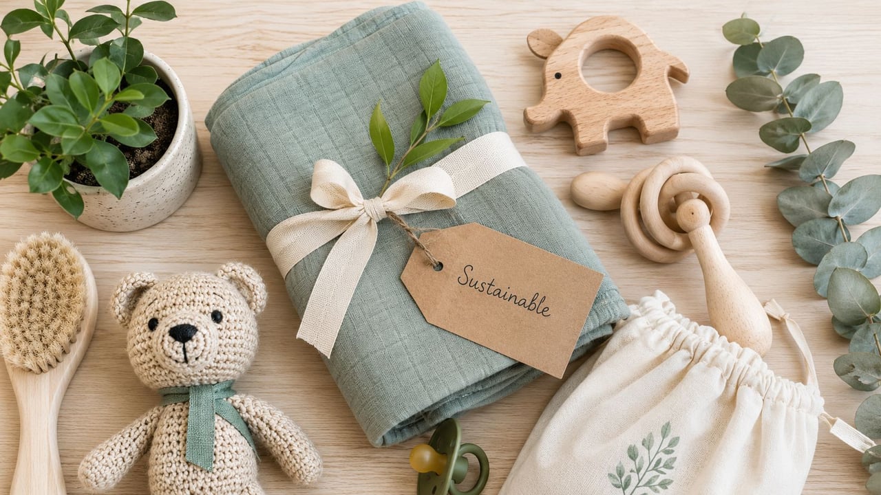 Eco-friendly baby shower gift set featuring a green muslin blanket, wooden toys, and a sustainable tag.