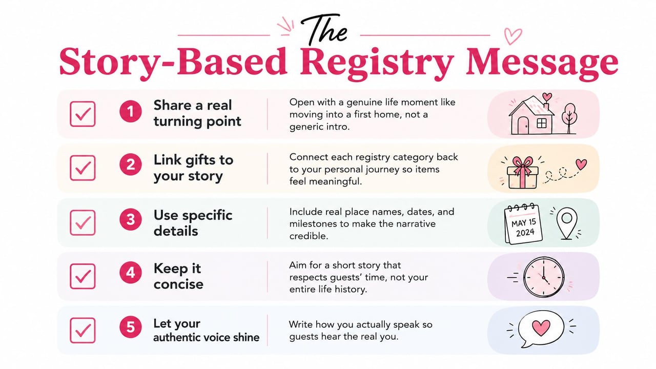 A five-step guide on how to write a personal and story-based registry message for wedding guests.