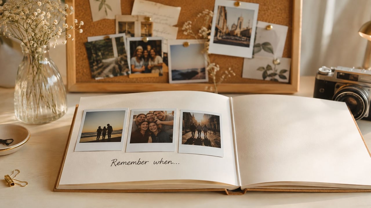 An open photo album on a desk featuring snapshots of friends, a flower vase, and a corkboard.