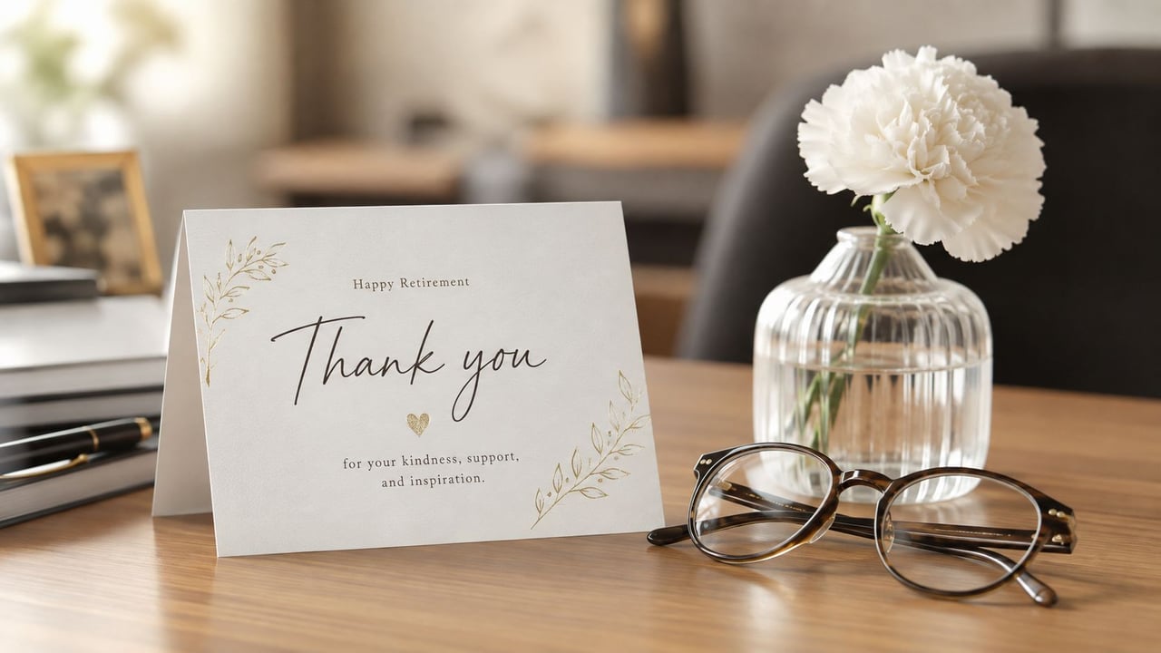 A retirement card with a thank you message placed on a wooden desk with flowers and eyeglasses.