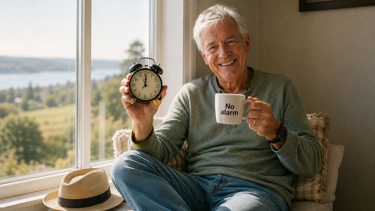 A happy senior man sits by a sunny window holding an alarm clock and a coffee mug.