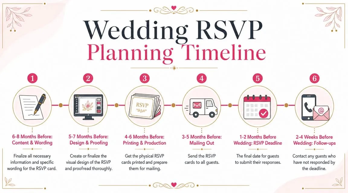 A wedding RSVP planning timeline infographic showing six numbered steps from content creation to guest follow-ups.