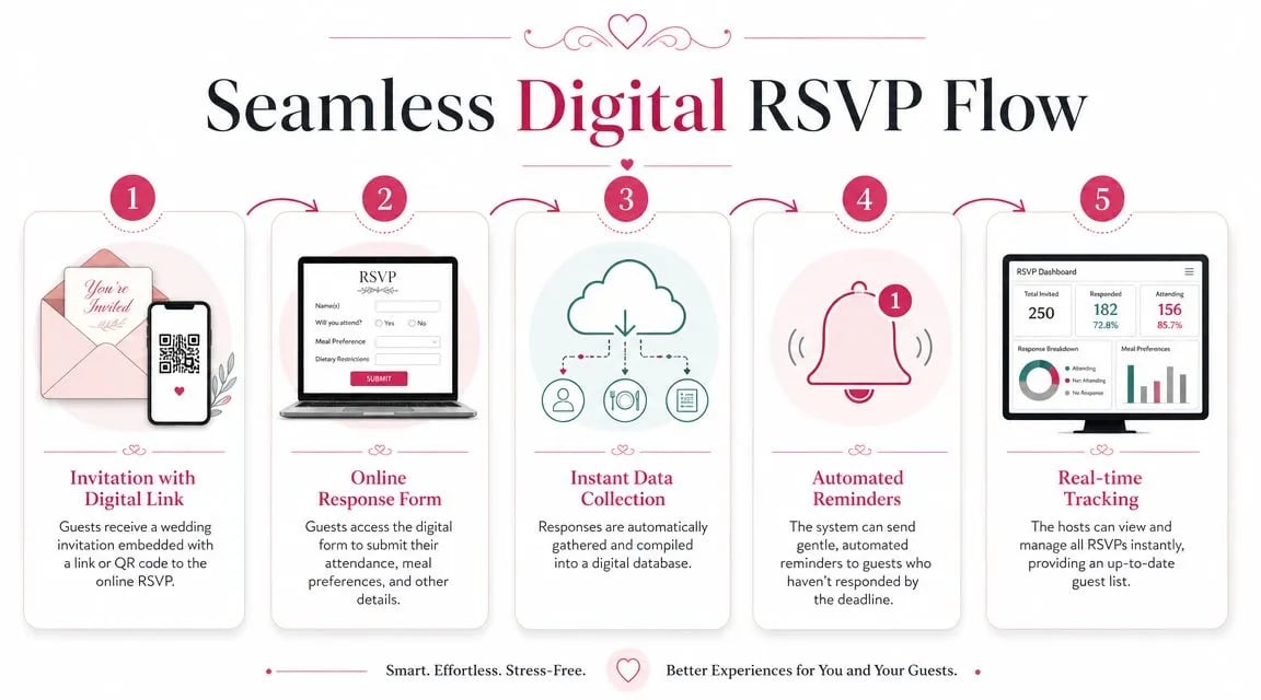 A five-step infographic showing a seamless digital wedding RSVP process from invitation to real-time tracking.