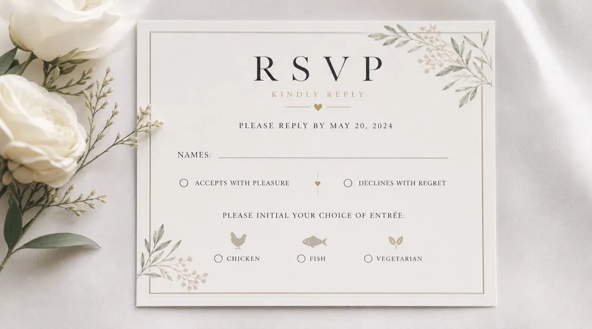 A minimalist wedding RSVP card with floral accents, elegant typography, and meal selection options for guests.