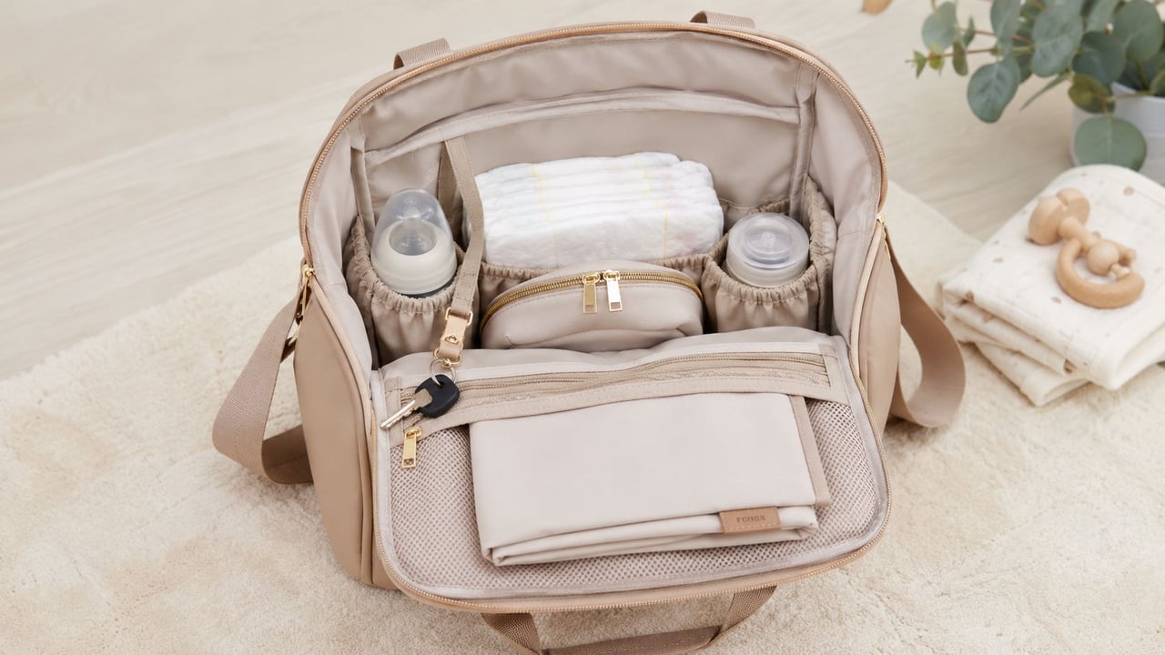 A beige open diaper bag packed with essential baby items including bottles, diapers, and a changing pad.