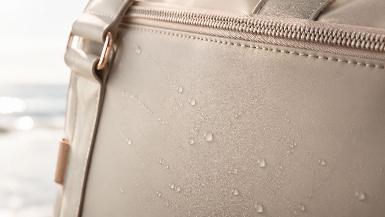 A close up shot of a water-resistant beige bag texture with small water droplets on the surface.