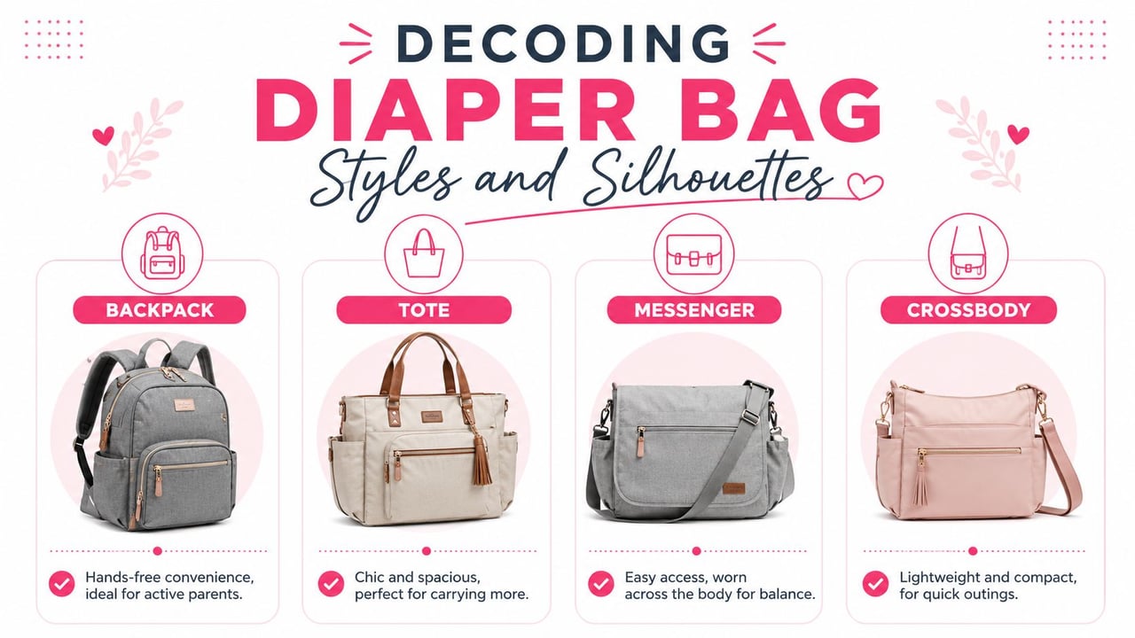 An infographic displaying four different styles of diaper bags: backpack, tote, messenger, and crossbody.