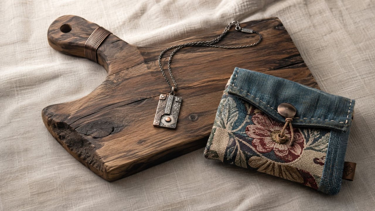 A rustic wooden board holds a unique metal pendant necklace and a handcrafted floral tapestry fabric wallet.