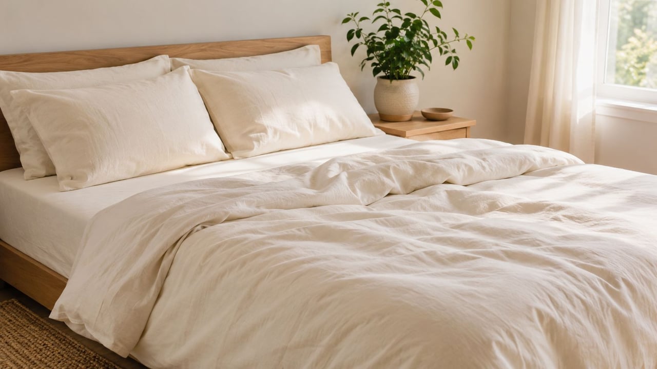 A minimalist bedroom featuring a wooden bed frame, linen bedding, and a potted plant on a nightstand.