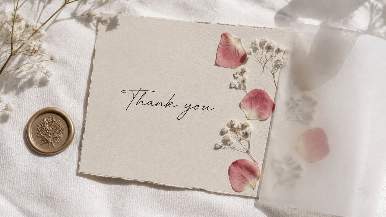An elegant thank you card featuring delicate pink rose petals, white baby's breath, and a golden wax seal.