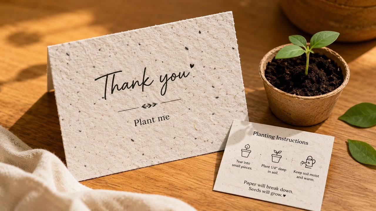 A plantable Thank you card with seed paper texture next to a small potted plant on wood.
