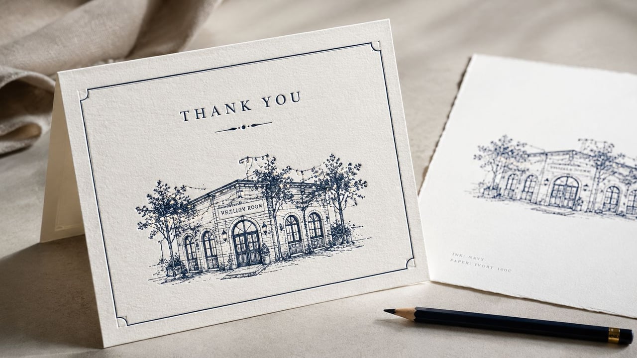 A printed thank you card featuring an elegant architectural sketch of a building on textured ivory paper.