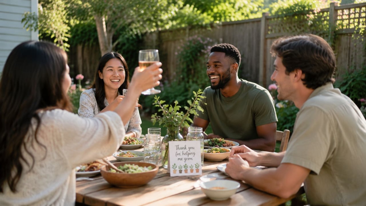 A diverse group of friends laughing and toasting with wine glasses while enjoying a meal outdoors.