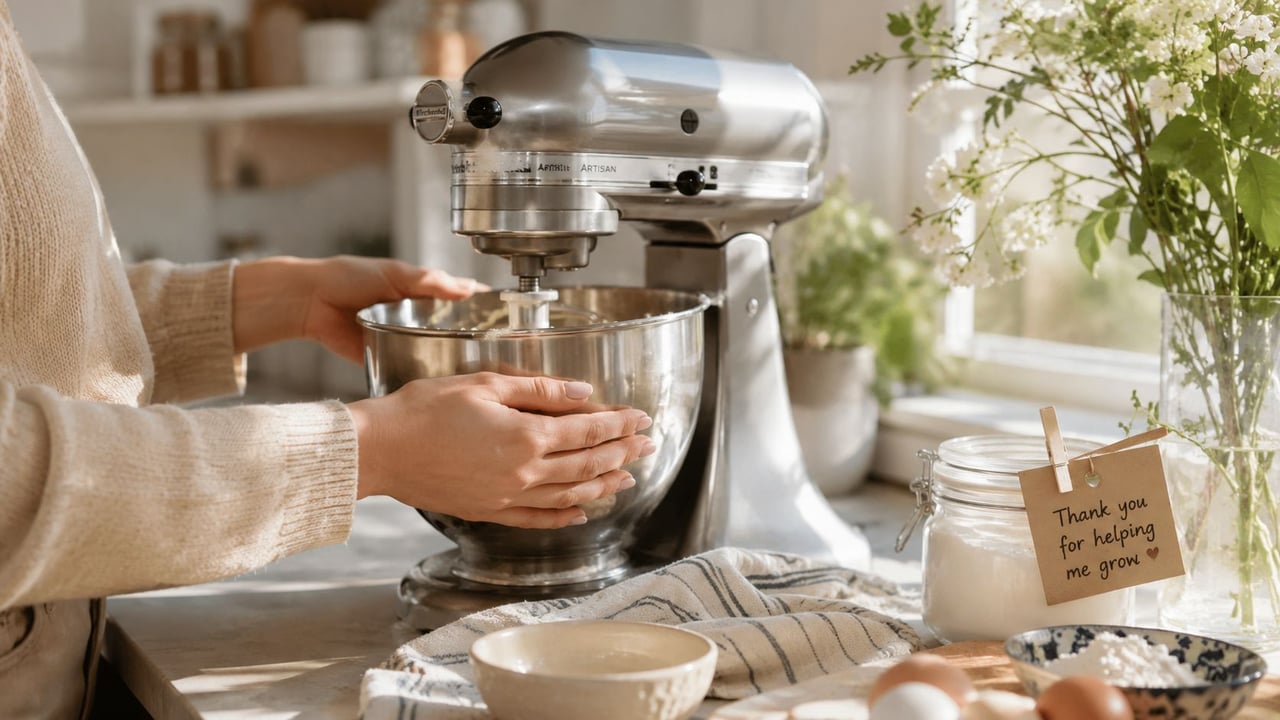 A person using a silver KitchenAid stand mixer in a bright, sunlit kitchen with a thank you note.