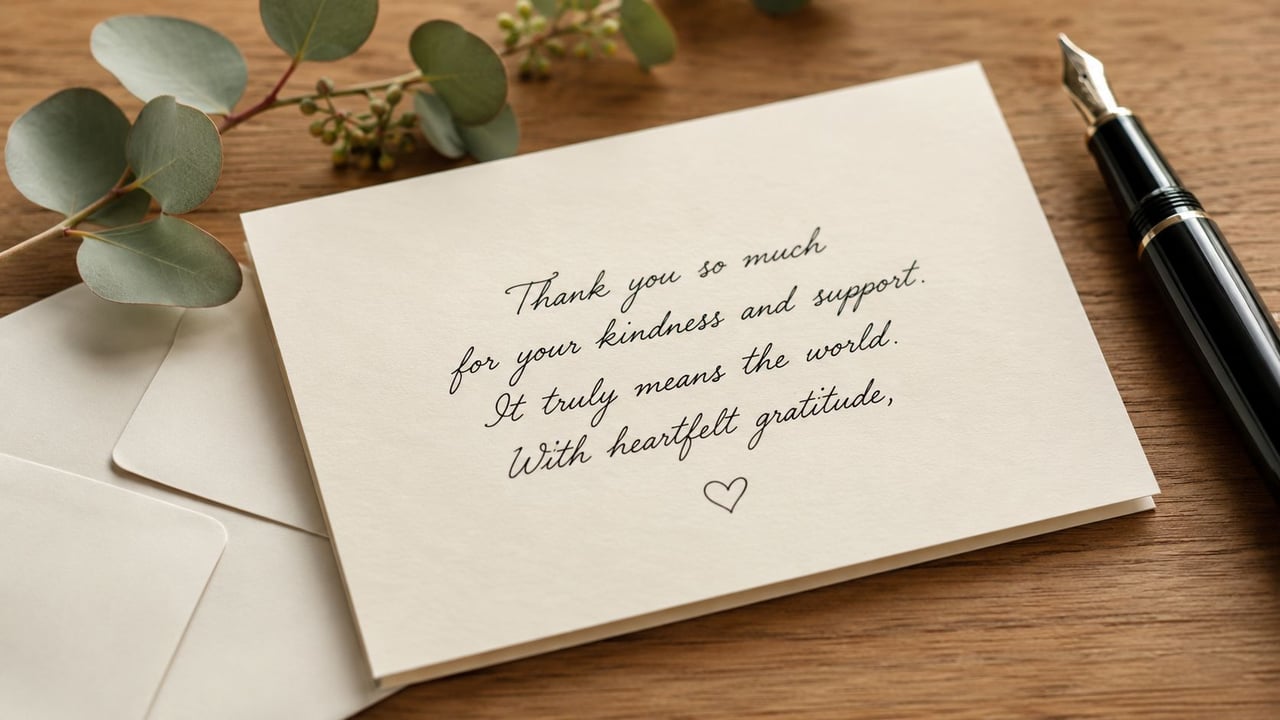 A heartfelt thank you note on card stock resting on a wooden surface with a pen and eucalyptus.