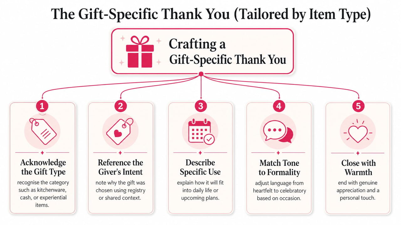 An infographic outlining five steps for crafting a personalized and thoughtful thank you message for various gifts.
