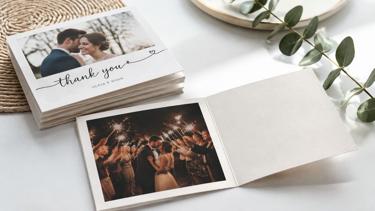 A stack of folded wedding thank you cards featuring a photo of a couple with sparklers.