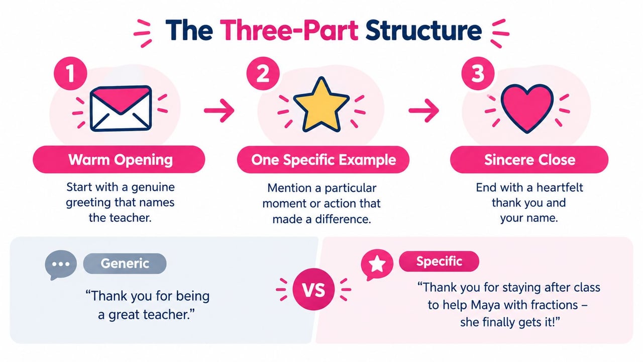 A visual guide illustrating a three-part structure for writing a thoughtful thank you note to a teacher.